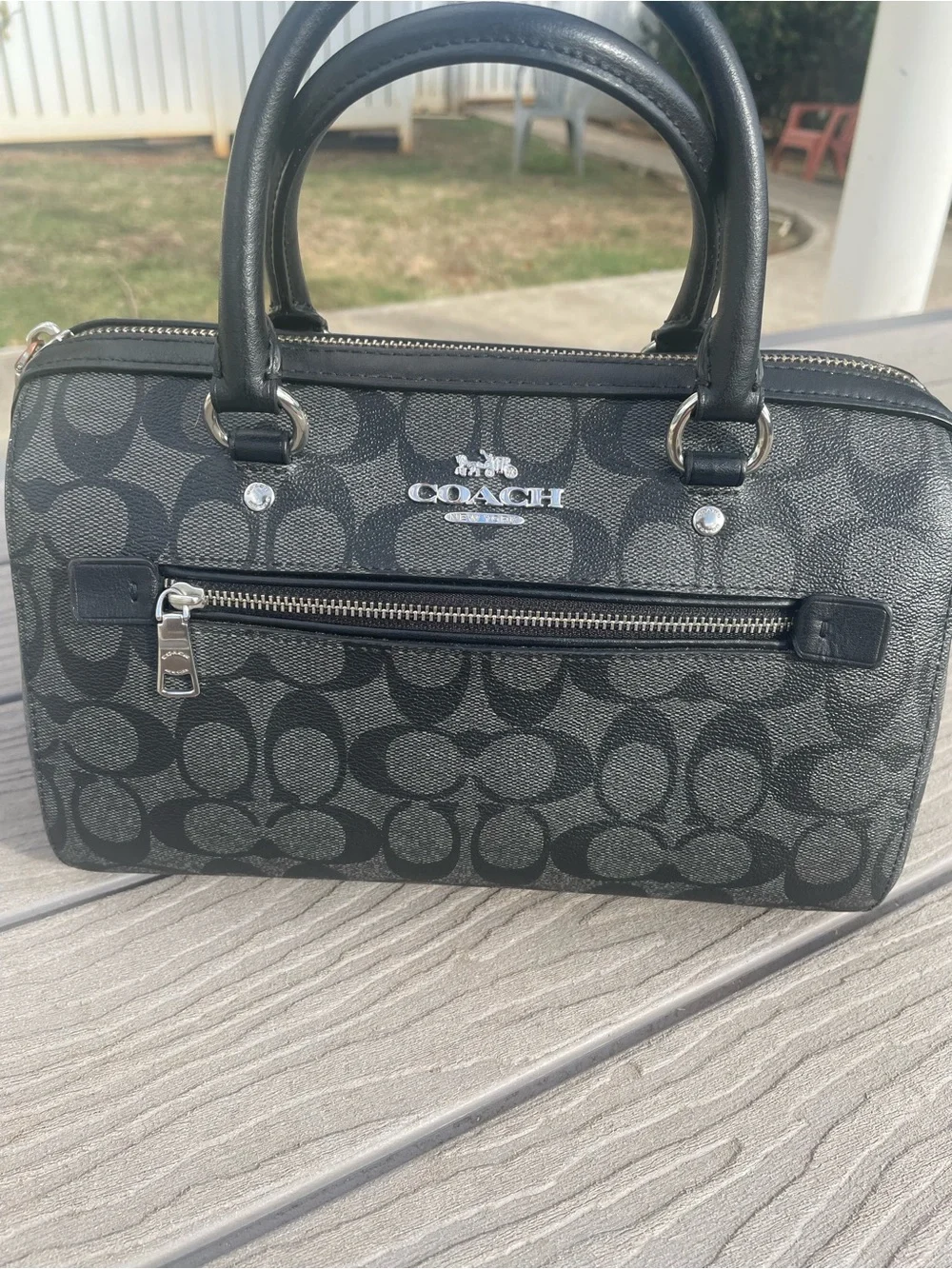 Coach Medium Black Signature Canvas Rowen with Silver Hardware